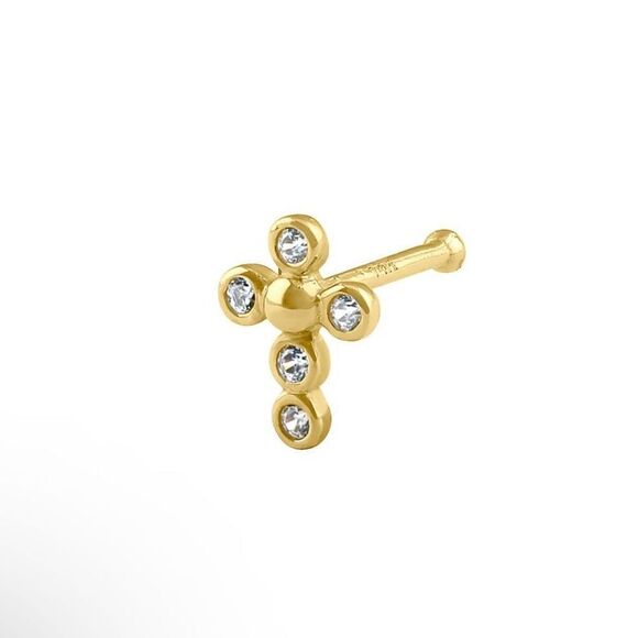 Solid 14K Gold CZ Dotted Cross Nose Stud New - Picture 1 of 4